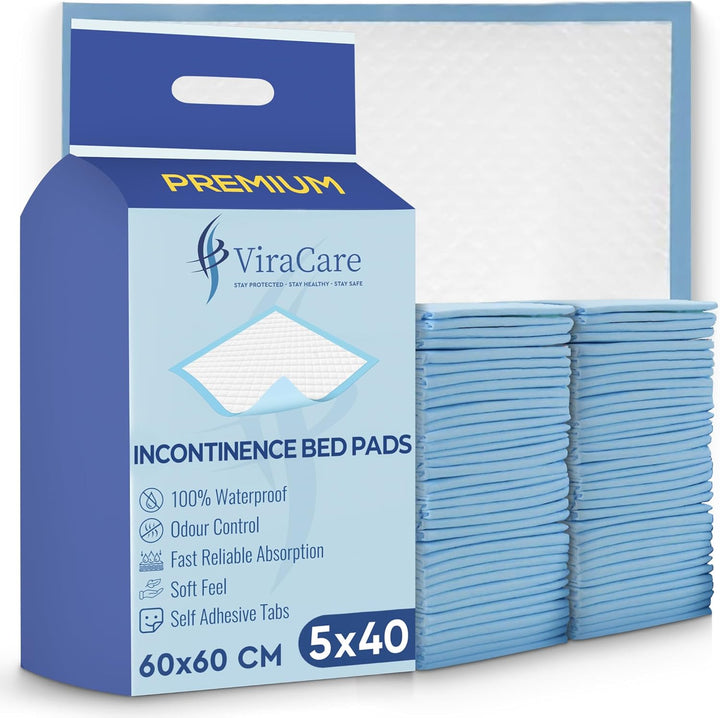40 X Premium Incontinence Bed Pads | 60 X 60 Cm | Incontinence Bed Sheets | Disposable Mattress Protector | Self Adhesive Tabs | Absorbent Pads | (1 Pack of 40)