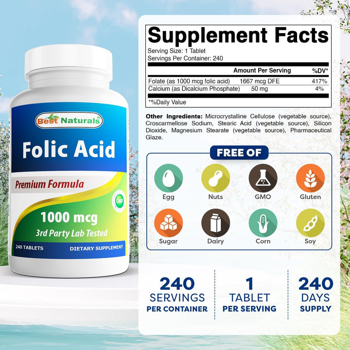 Folic Acid 1000 Mcg (Vitamin B9), 240 Tablets