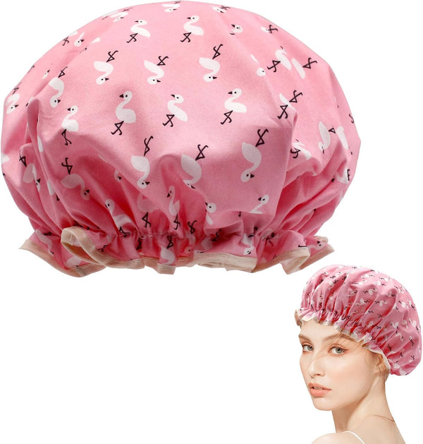 Shower Cap for Women, Elastic Band Waterproof Plastic Shower Cap, Double Layers Reusable with Ruffled Edge Covering Ears for Long, Short and Curly Hair (Pink Bird)
