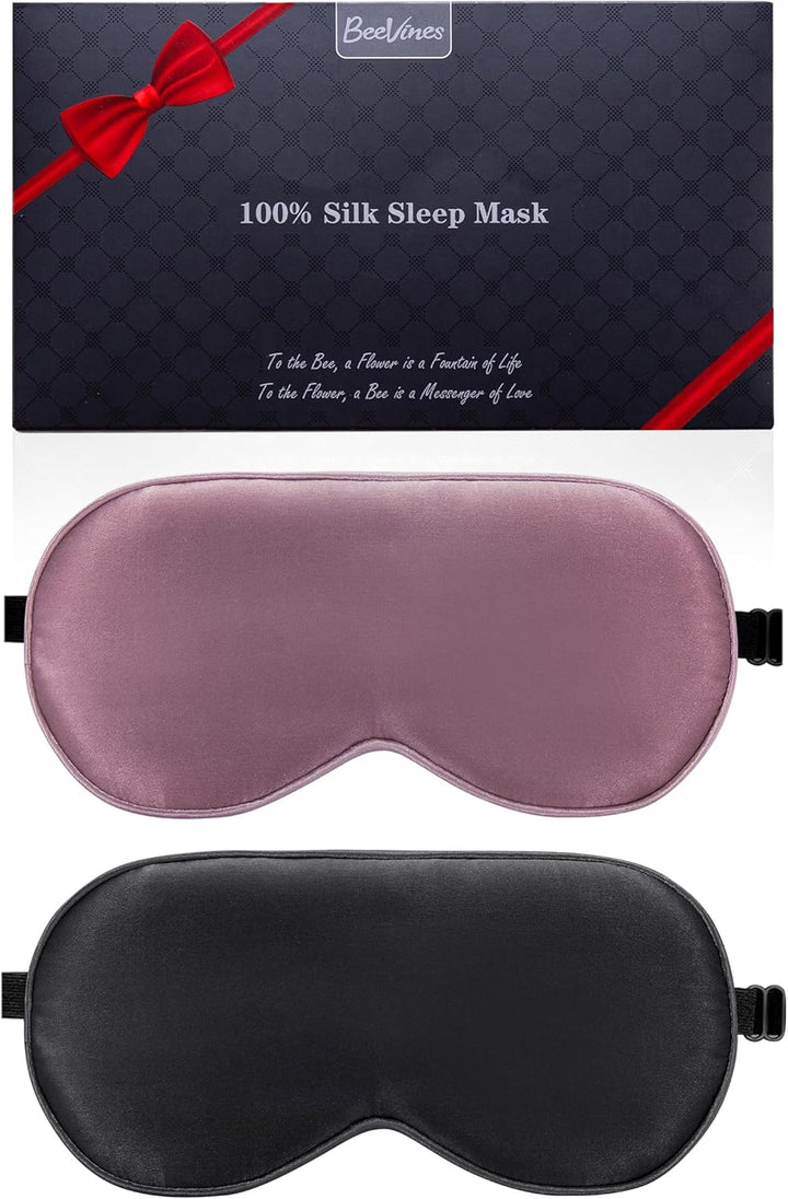 Sleep Mask, 2 Pack 100% Real Natural Pure Silk Eye Masks with Adjustable Strap for Sleeping, Mulberry Silk Eye Sleep Shade Cover, Block Light Reduces Puffy Eyes Traveling Gifts