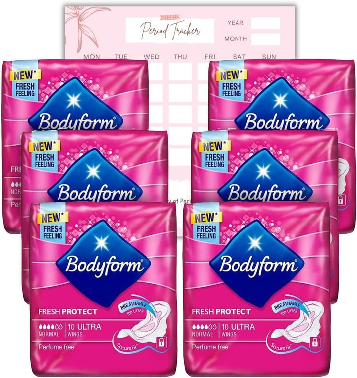 Body Form 10 Ultra Sanitary Towels with Wings Pack of 4, 40 (10 X4 Packs) Perfume Free Period Pads, Normal Flow Cour-V Ultra with  Period Tracker