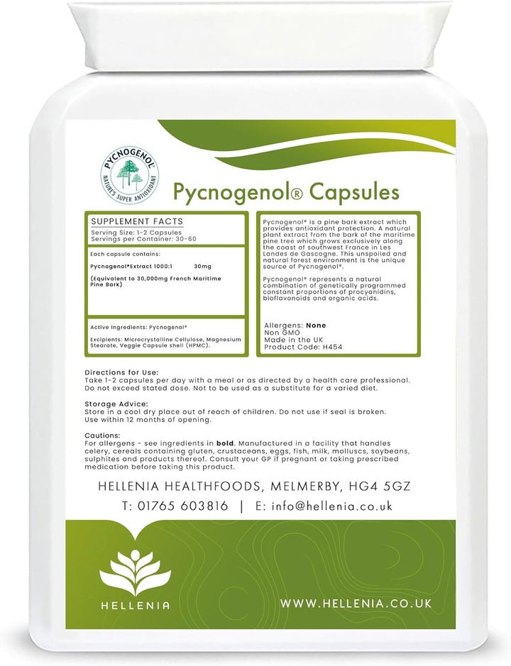 Pycnogenol® French Maritime Pine Bark Extract - 60 Capsules | Providing Naturally Powerful Bioflavonoids | High Bioavailability Pycnogenol | Suitable for Vegans - Made in the UK by