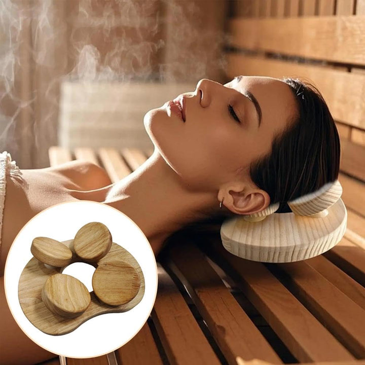 Wooden Sauna Headrest with Rotatable Disc - Ergonomic Head Support Neck Pillow for Sauna, Spa, and Bathroom Relaxation - Natural Solid Wood Nordic Design (23X17Cm)