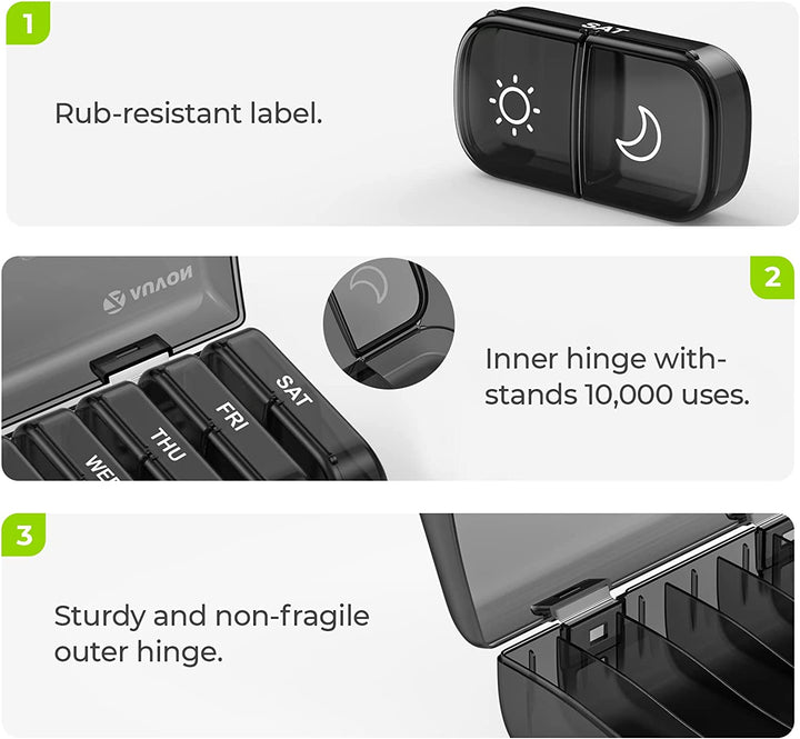 Pill Box Organiser, XL Weekly Pill Box 7 Day 2 Times a Day with One-Side Large Opening Design for Easy Filling, Tablet Organiser with Black Privacy Protection for Medication/Vitamins/Fish Oils