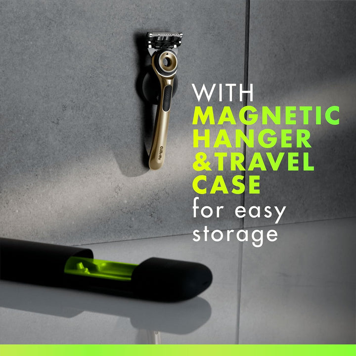 with Exfoliating Bar, Razor for Men Champion Gold Edition, 1 Handle - 2 Blades, Includes Travel Case for Convenient Storage on the Go and Wall Hanger for Easy Storage in the Bathroom