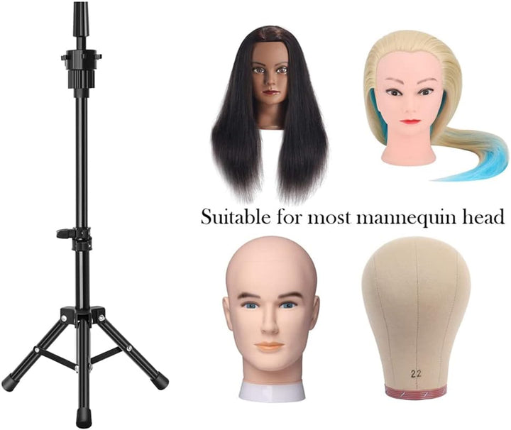 Mini Mannequin Head Tripod, Adjustable Wig Stand Tripod, Mannequin Head Stand Holder for Hairdressing Training (Black)