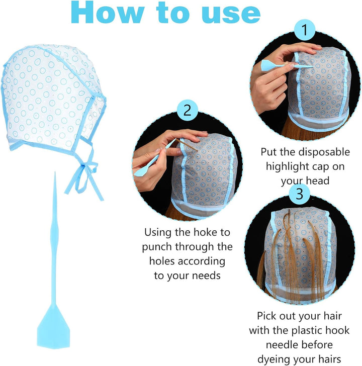 Highlighting Kit, 6Pcs Highlighting Cap with 6Pcs Hair Needles Crochet Hooks Salon Hair Coloring Dye Caps Frosting Cap for Salon DIY Hairs Dyeing Hairdressing