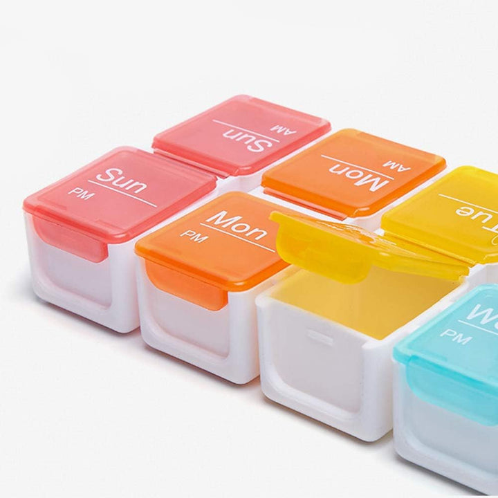 Portable Pill Box with Smart Reminder Alarm, 14 Grids Intelligent Electronic Digital Timer AM and PM Medicine Dispenser, Weakly Pill Organiser for Outdoor Travel Work