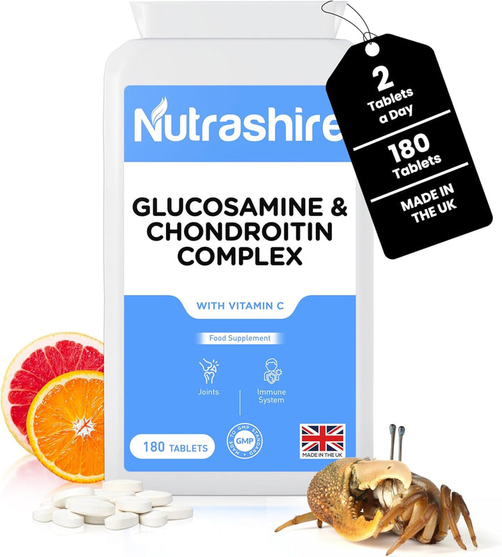 Glucosamine and Chondroitin High Strength Complex 180 Tablets - Vitamin C Joint Care Supplements for Cartilage, Bones, Fatigue & Immune Support – Made in the UK