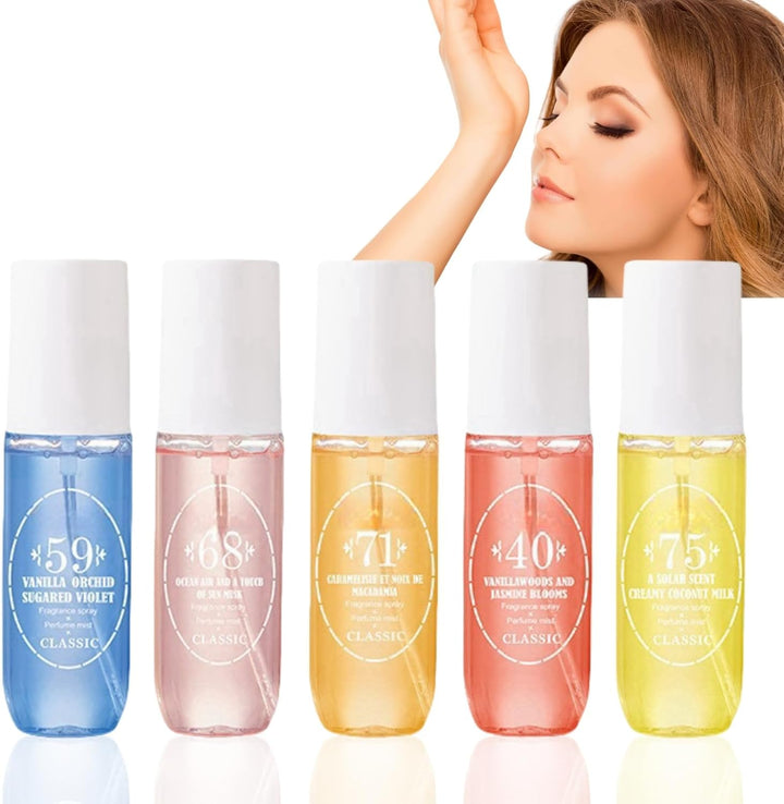 5PCS Brazilian Perfume Body Spray,Brazilian Perfume,Hair and Body Mist,Body Fragrance,Long Lasting Perfumes for Women,Fruity Body Spray Body Splash,Natural Moisturizing Body Splash for Women