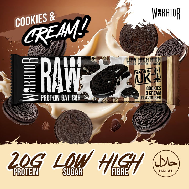 Raw Protein Bars – 12 X 75G High Protein Snack – High Fibre, Low Sugar – Ideal Meal Replacement or Healthy Nutrition Energy Snacks - Oat Bar Flapjacks – UK Made (Cookies & Cream)