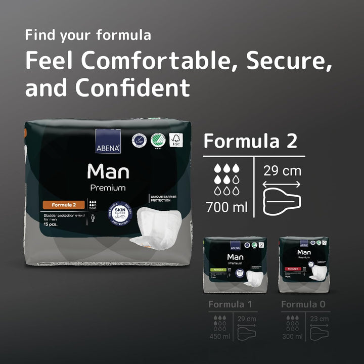 Man Formula 2 Incontinence Pads for Men, Eco-Labelled Mens Incontinence Pads, Extra Protection, Breathable & Comfortable with Fast Absorption, Discreet - 700Ml Absorbency, 15PK