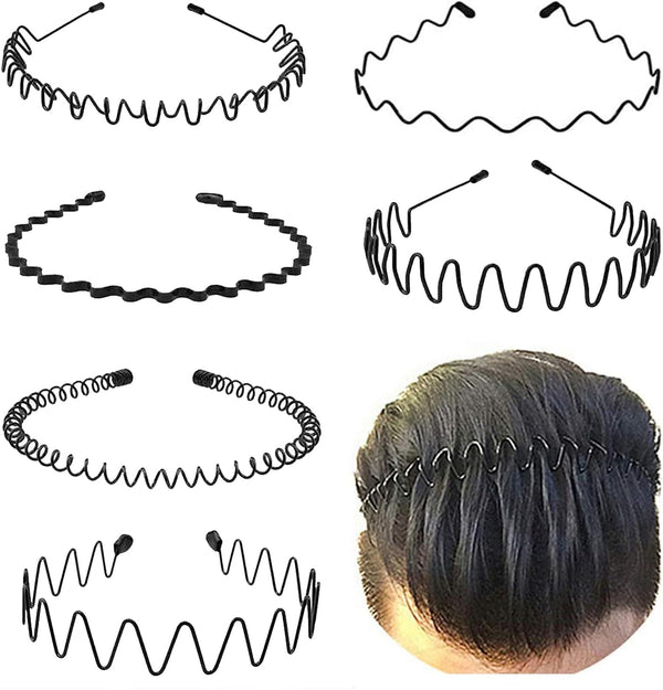 Metal Hair Band for Men,Women Elastic Wavy Hairband,Black Non-Slip Metal Headbands,Suitable for Outdoor Sports,Everyday Wear. (6 Pcs)