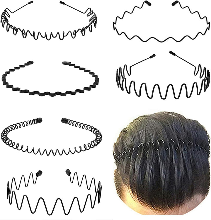 Metal Hair Band for Men,Women Elastic Wavy Hairband,Black Non-Slip Metal Headbands,Suitable for Outdoor Sports,Everyday Wear. (6 Pcs)