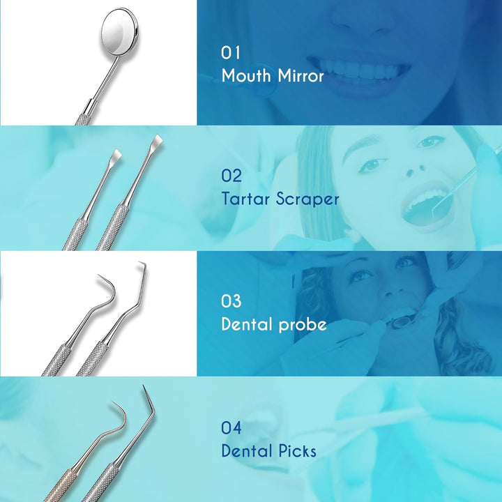 Plaque Remover for Teeth 4Pc Tooth Cleaning Kit with Tartar and Calculus Removal Dental Care Set Stainless Steel Dentist Tools for Personal and Home Use