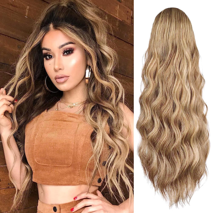 Long Wavy Ponytail Hair Extension for Black Women Drawstring Ponytail Hair Extensions Clip in Black Curly Synthetic Hairpiece