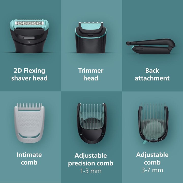 Body Groomer 7000 Series - Trimmer for Men with 2D Flexing Head, Triple Protect Shave System, Interchangeable Heads, Intimate Trim & Shave, 100% Showerproof, 120 Min. Runtime, Model BG7480/15