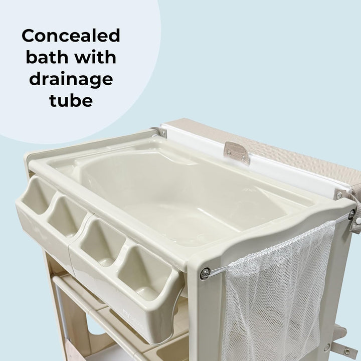 Baby Changing and Bath Unit - from Birth to 11Kg, Nursery Changing Station with Mat for Newborn, Infant Table with Water Basin and Storage - Oatmeal Herringbone