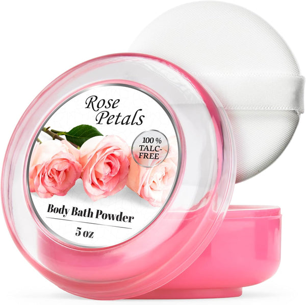 1 Pack Body Powder for Women with Puff, 100% Talc-Free, Elegant Rose Petals Scented Dust, after Bath for Soft Skin, Extra Large,(5Oz)