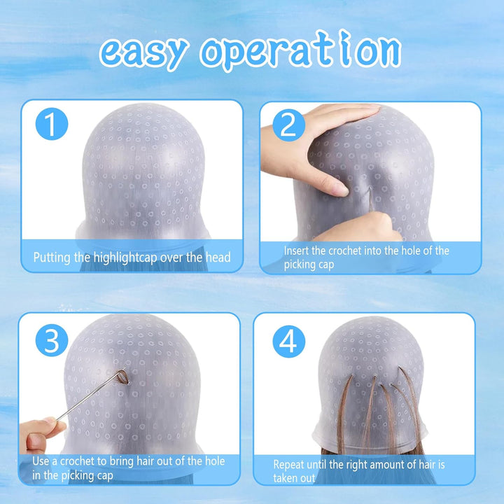 Highlight Cap and Hook Kit, 12-Piece Silicone Hair Highlighting Set with Dye Tools, Professional Streaking Cap for DIY Home Styling and Salon Use