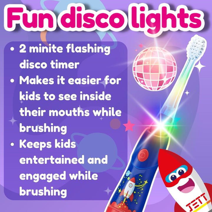 - Rocket Kidzsonic Kids Electric Toothbrush, 3+ Years - Deepclean Bristles, Suction Base - Fun Design with Flashing Disco Lights - 2 X Replacement Heads & 1 X AAA Battery