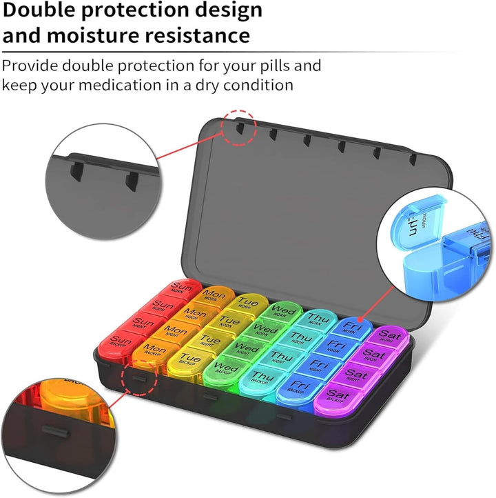 Pill Box Organiser 4 Times a Day,  Weekly Pill Boxes, 7 Day Tablet Organiser, Daily Pill Dispenser 7 Day 4 Compartments, Tablet Box for Medication, Vitamins and Supplements (Black)