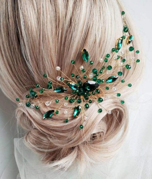 Women Gold Headpiece Teardrop Emerald Green Crystal Hair Vine Comb Wedding Hair Accessory Rhinestone Hair Piece Gift for Her Party Headress for Bride Bridesmaid Girls(Gold)