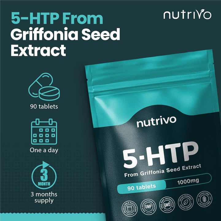 5HTP Tablets - 90 Tablets per Pack | 5HTP High Strength 1000Mg Supplement | One a Day - 3 Months Supply | from Griffonia Seed Extract | Vegan & UK Made