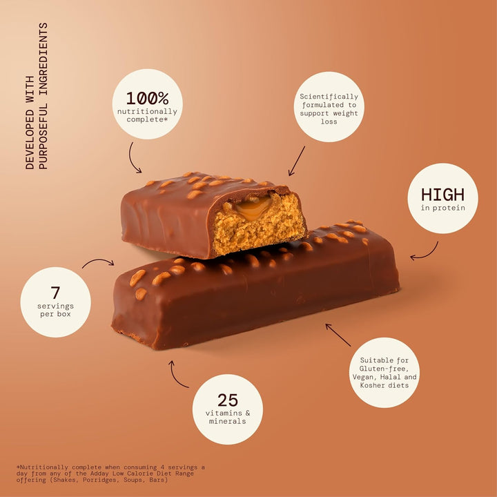 - Low Calorie, High Protein Total Diet Meal Replacement Bar - Chocolate and Caramel - Gluten Free, Vegan Friendly and Halal - 100% Nutritionally Complete with Fibre, Vitamin D, Iron and More