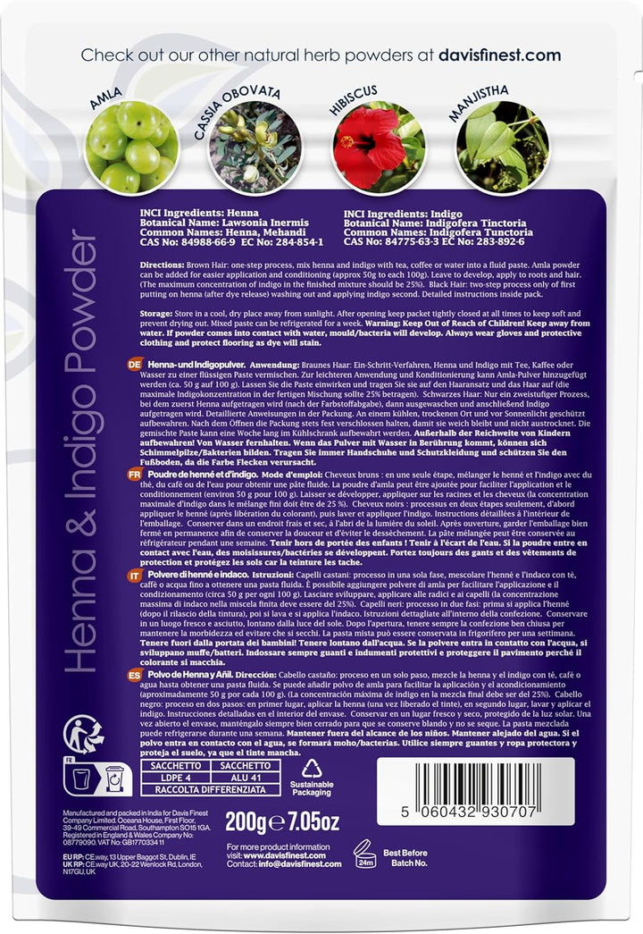 Henna Indigo Hair Dye 200G, Combo Pack, Organic, 100G Henna & 100G Indigo, Natural Hair Colour Beard Dye, Ppd-Free, Vegan