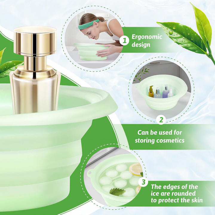 Silicone Ice Bowl for Face with Hairband,Collapsible Facebowl with Built-In Icetray,Washbowls for Facial Ice Bath,Portable Silicone Wash Basin for Facial Cleansing & Beauty,Home Travel Use(Green)