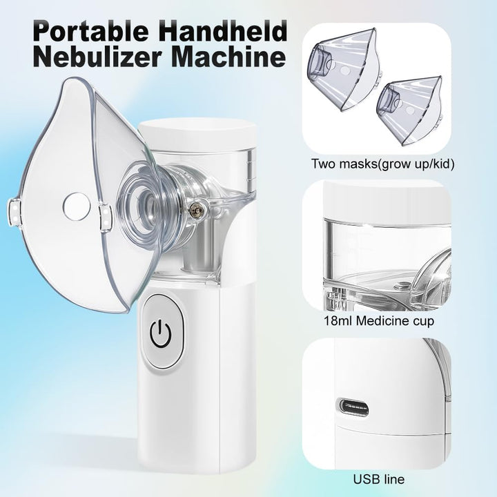 Nebuliser Machine for Adults, Rechargeable Portable Nebuliser for Adults & Kids, Silent Nebuliser for Kids with 2 Masks and Mouthpiece, Handled Nebulizer for Home (White)