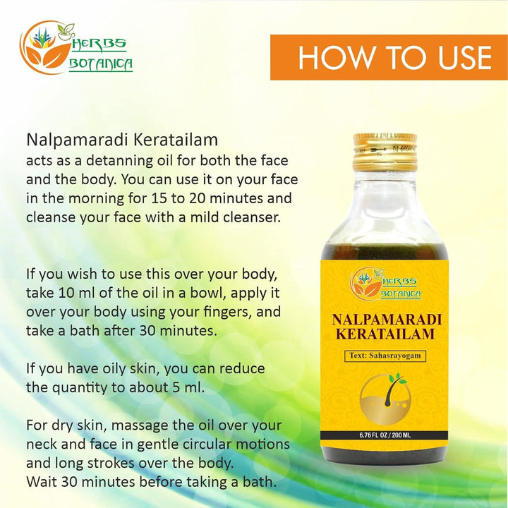 Nalpamaradi Thailam Keratailam Ayurvedic Oil with Turmeric Oil for Skin, Face & Body with 15 Ayurvedic Herbs 6.76 Fl Oz
