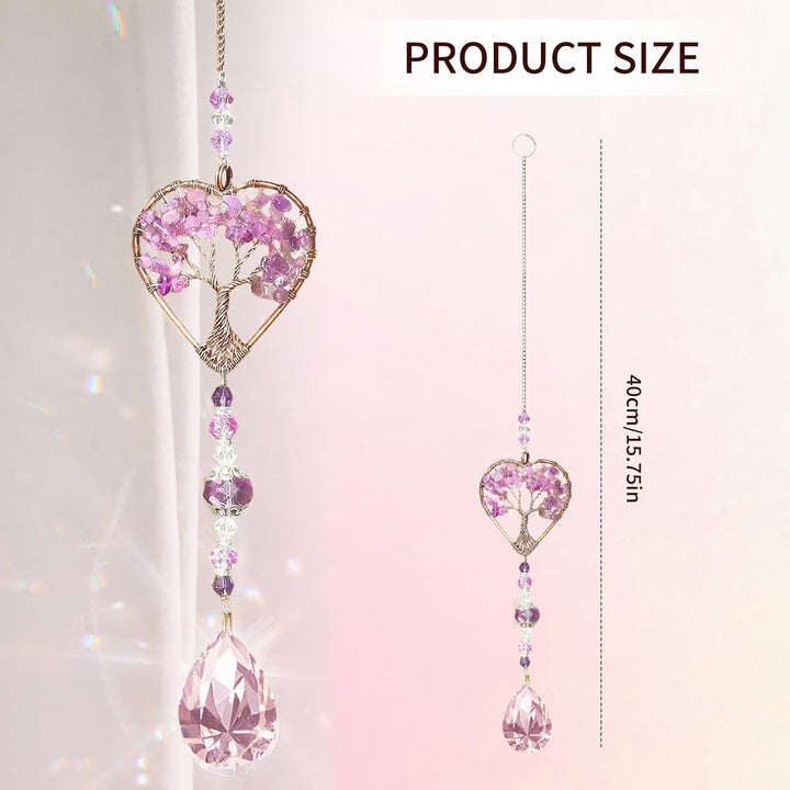 Tree of Life Amethyst Sun Catchers – Natural Chakra Healing Crystal Window Decor, Spiritual Gift for Women & Girls, Rainbow Maker with Quartz Gemstone Pendant, Unique Home & Garden Ornamen