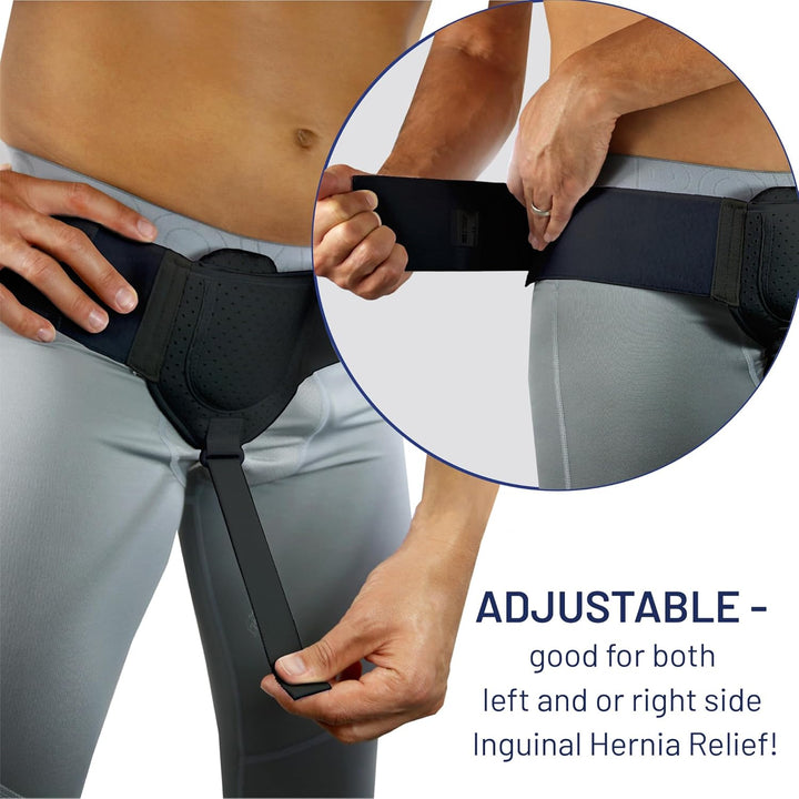 Hernia Belt for Men - Inguinal Hernia Support for Men, Adjustable Waist Strap Groin Support, Post-Surgery Truss Suitable for Left or Right Side - Black, Small/Medium