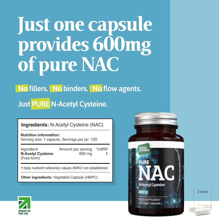 NAC N-Acetyl Cysteine (Free Form) 600Mg - 120 Vegan Capsules, High Grade and Stable, 100% Pure - No Fillers/Buffers/Flow Agents, UK Made by