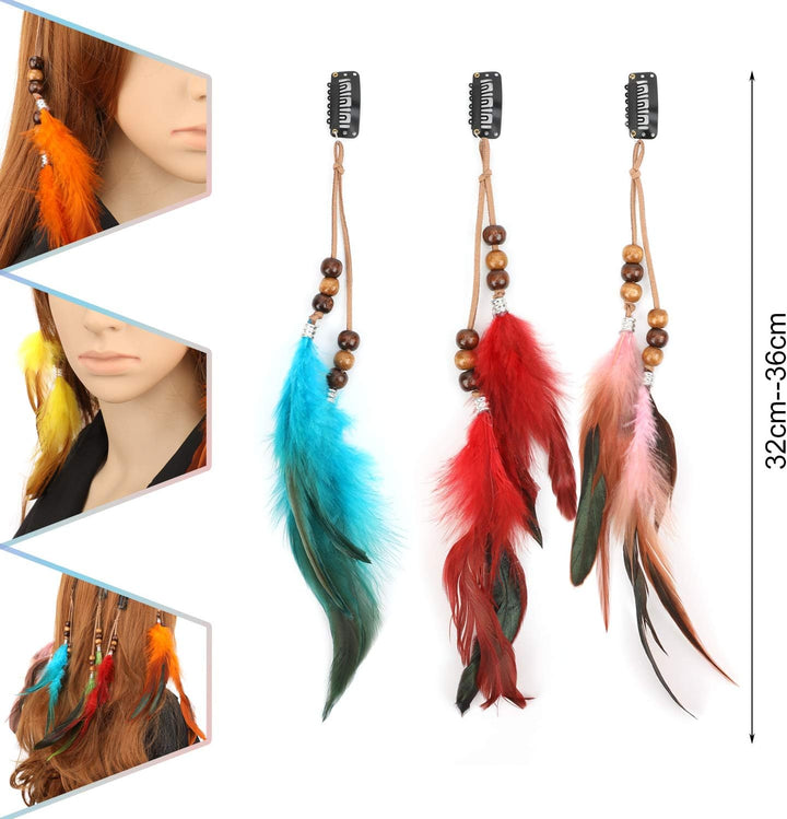 6Pcs Clip in Feather Hair Extension, Feather Extension, Women Halloween Costume Hair Accessories, Bohemian Hippie Hair Clips, Cosplay Native Tribal Feather Braided Beads Headdress