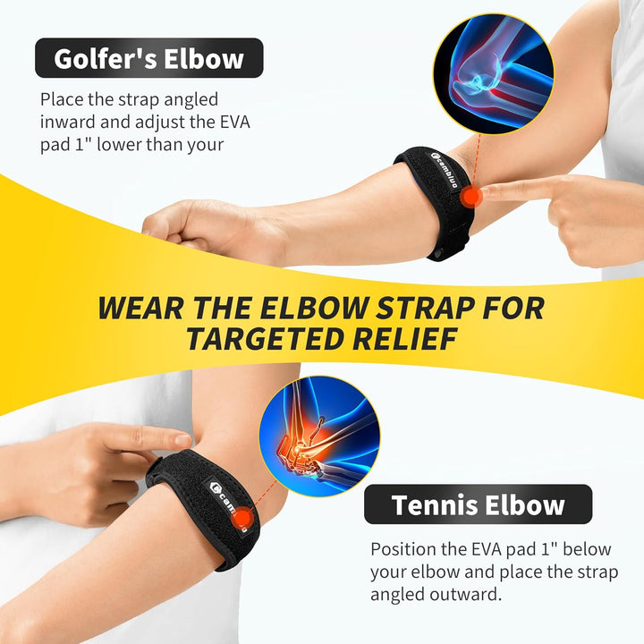 Tennis Elbow Support Strap, 2-Pack Tennis & Golfers Elbow Support for Men and Women, Adjustable Brace with Compression Pad and Elbow Pain Relief (Black)
