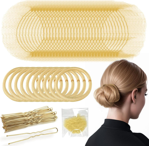 30Pcs Blonde Invisible Hair Nets with 40Pcs Hair Pins & 10Pcs Hair Bands,  Elastic Edge Mesh Hair Nets for Bun in Individual Package, Gold U Shape Bobby Pins for Ballet Dancers Nurse Women