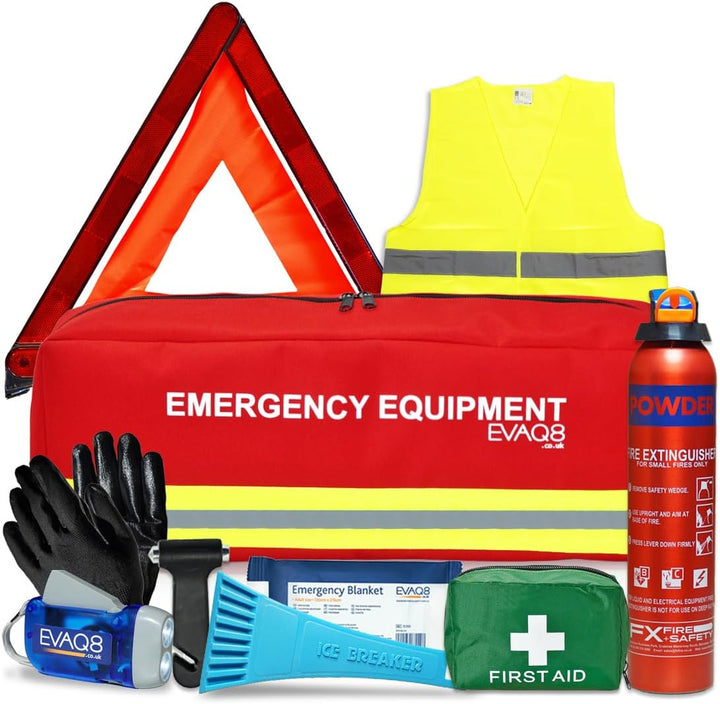 Advanced Car Safety Kit with Extinguisher and Torch UK Standard Parts Includes Warning Triangle, First Aid Kit, Emergency Blanket, Safety Hammer, Torch, High Visibility Vest, Carry Bag