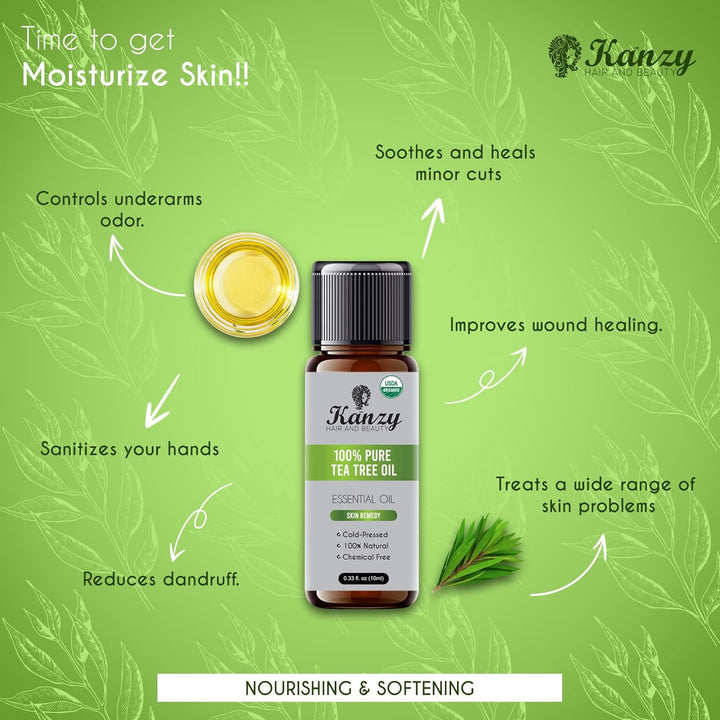 Organic Tea Tree Essential Oil 100% Pure Tea Tree Oil for Skin, Hair, Face, Nails Natural Vegan & Undiluted for Aromatherapy & Diffusers