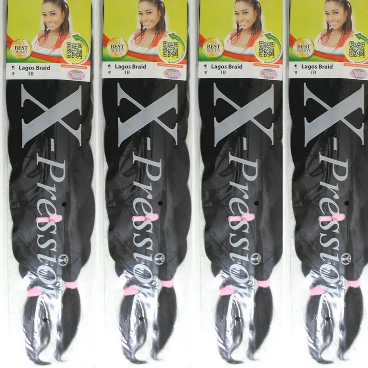 1B 4 PACK XPRESSION LAGOS BRAID Pre-Pulled Hair Extension, Braiding Hair, 42″ & 46″ Pack, (Colour 1B, Natural Black), 4.0 Count