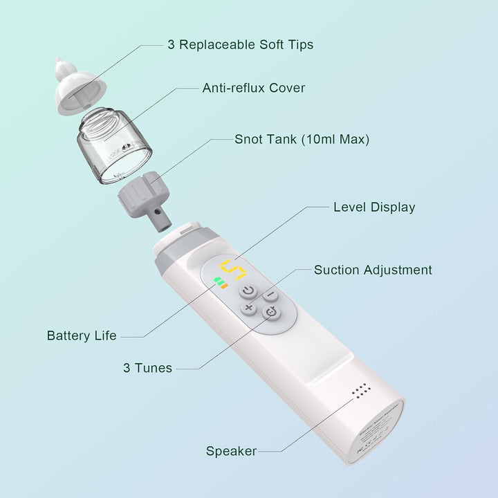 Nasal Aspirator Pro for Baby, Portable Baby Nose Cleaner Sucker with 3 Silicone Tips, Adjustable Suction, Newborn and Child Friendly, Electric Nose Suction, Built-In Music & Light