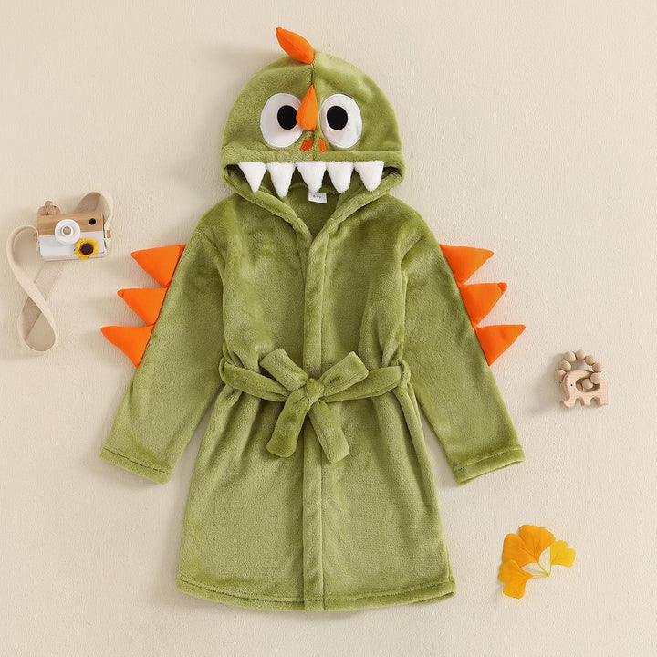 Toddler Boys Girls Bathrobe Cartoon Animal Plush Hooded Long Sleeve Sleep Robe Dinosaur Fleece Pajamas Dressing Gown Soft Cosy Velvet Warm Embroidery Sleepwear