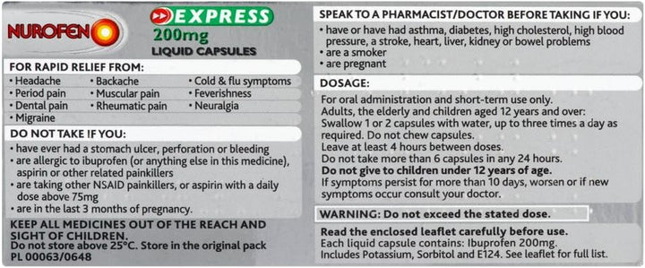 Express Ibuprofen Liquid Capsules 200Mg, 16 Count - Fast-Acting Relief for Period Pain, Headaches, Migraines, Cold & Flu Symptoms