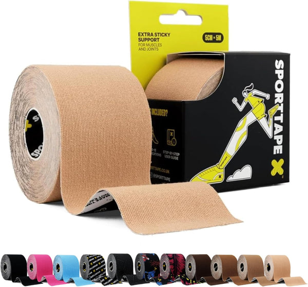 Kinesiology Tape, 5Cm X 5M, Beige - Waterproof & Hypoallergenic Kinetic Physio Tape for Muscle Injury Recovery, Sports Strapping, Knee Pain, Joint Support & Blisters - Single Uncut Roll