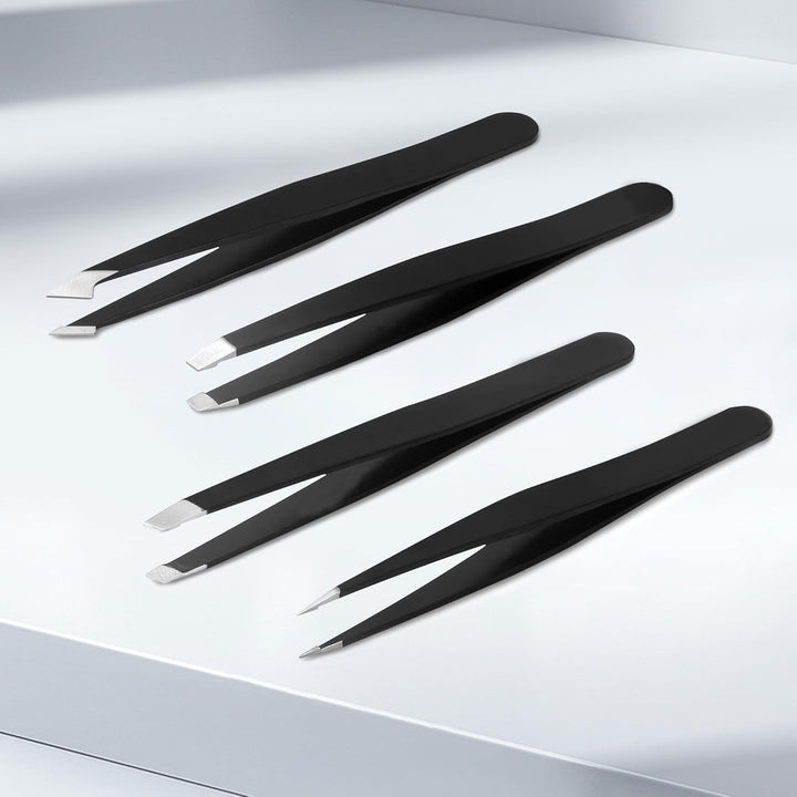 Tweezers Set - Professional Stainless Steel Tweezers for Eyebrows - Great Precision for Facial Hair, Splinter and Ingrown Hair Removal (Black)