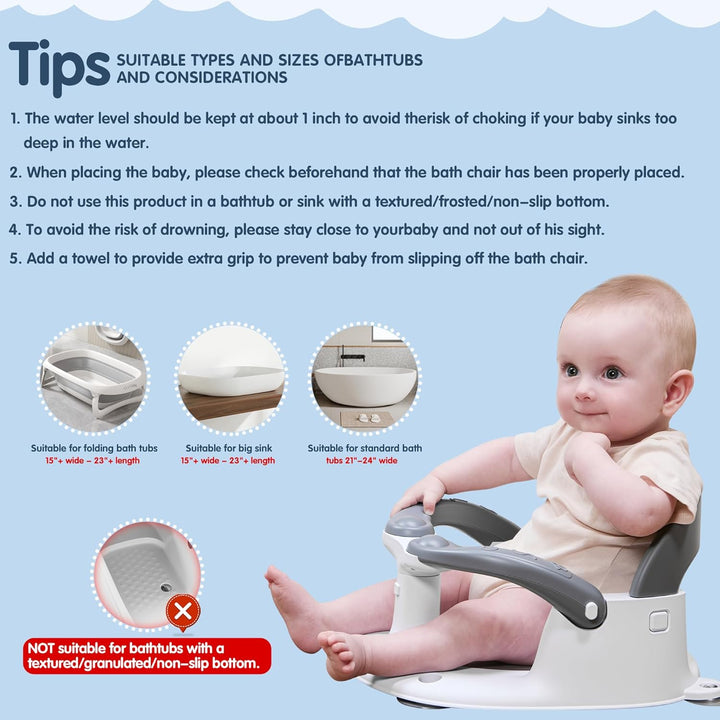 Baby Bath Seat for Babies 6 Months & up with Thermometer Sticker, One-Touch Button for Easy Armrest Opening, Baby Sit up Bath Chair (Gray)