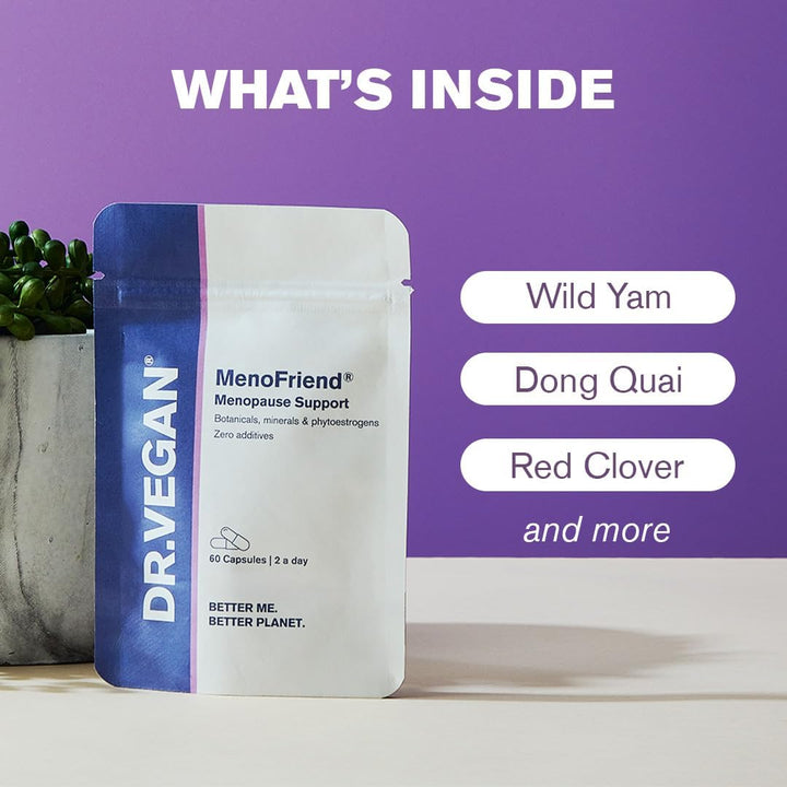 Menofriend | Menopause Support | Botanicals, Minerals and Phytoestrogens | 60 Vegan Capsules | Two-A-Day | DR.VEGAN