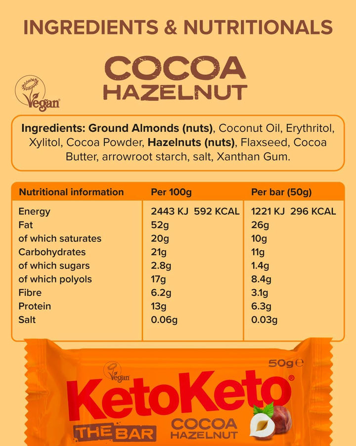 Bars 12 X 50G Keto Snacks Weight Loss | Keto Diet, Sugar Free Snack, Meal Replacement Bar | Healthy Snacks, Low Carb Food | Low Calorie, Vegan Food, Breakfast Bar (Cocoa Hazelnut)